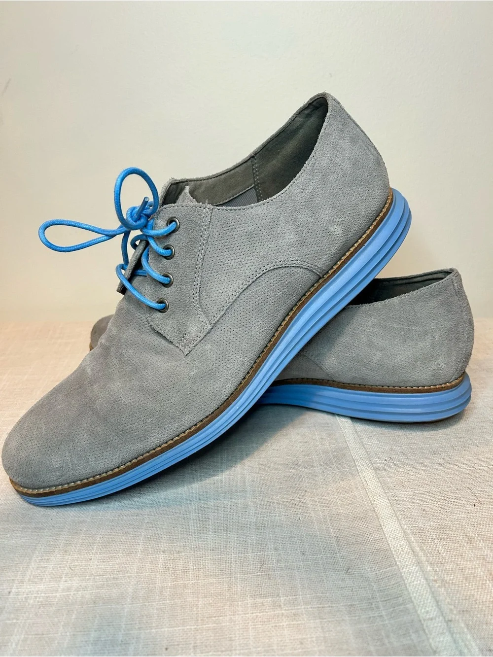 Cole Haan Grand OS Men's Gray Suede Derby Shoes with Blue Accents